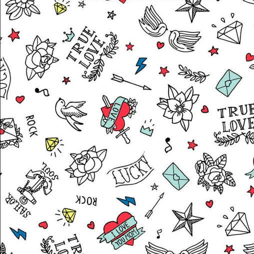 Retro True Love Tattoo Liberty Rock Queen Novelty Excellent Quality 100% Cotton Fabric Craft Sewing Clothes Extra Wide Per Large Fat Quarter