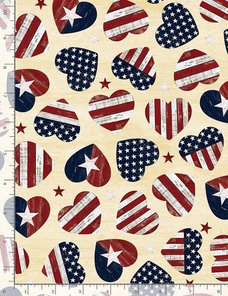 USA Vintage Cream Red Blue Hearts Stars United States of America Fat Quarter Cotton Fabric by Timeless Treasures (UK)