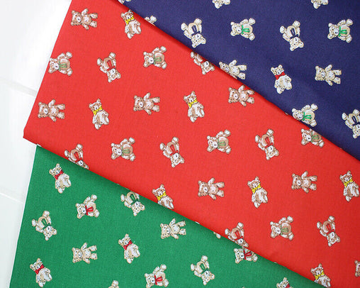 Sally Teddy Bear Green Navy Red Designs Christmas Fabric Polycotton : Half Meter