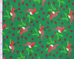 Sally Rockin' Robin Green Blue Cream Designs Christmas Fabric Polycotton : Half Meter