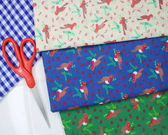 Sally Rockin' Robin Green Blue Cream Designs Christmas Fabric Polycotton : Half Meter