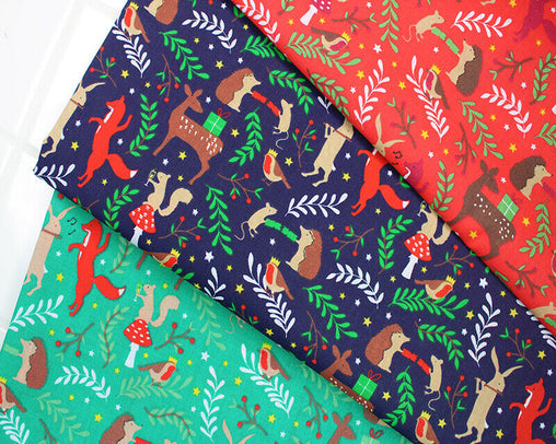 Sally Forest Party Green Navy Red Designs Christmas Fabric Polycotton : Half Meter