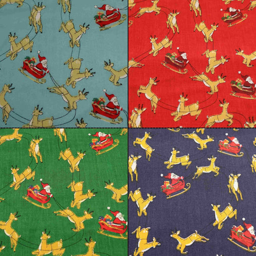 Santa Sleigh Green Navy Sky Red Designs Christmas Fabric Polycotton : Half Meter