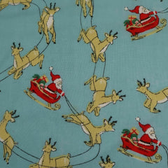Santa Sleigh Green Navy Sky Red Designs Christmas Fabric Polycotton : Half Meter