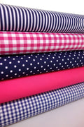 5 x Polycotton Fat Quarter Fabric Bundle | Navy Cerise Gingham Spotty Stripes Plain - Tailortime
