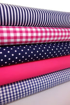 5 x Polycotton Fat Quarter Fabric Bundle | Navy Cerise Gingham Spotty Stripes Plain - Tailortime