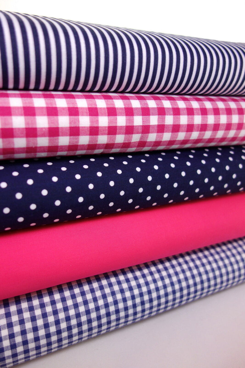 5 x Polycotton Fat Quarter Fabric Bundle | Navy Cerise Gingham Spotty Stripes Plain - Tailortime