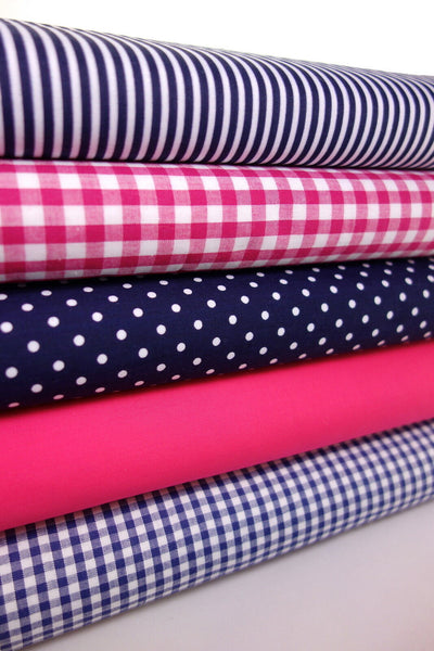 5 x Polycotton Fat Quarter Fabric Bundle | Navy Cerise Gingham Spotty Stripes Plain