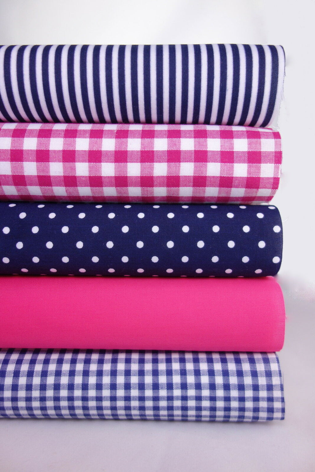 5 x Polycotton Fat Quarter Fabric Bundle | Navy Cerise Gingham Spotty Stripes Plain - Tailortime