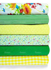 6 x Polycotton Fat Quarter Fabric Bundle | Yellow Green Gingham Floral Spotty Stripes Plain