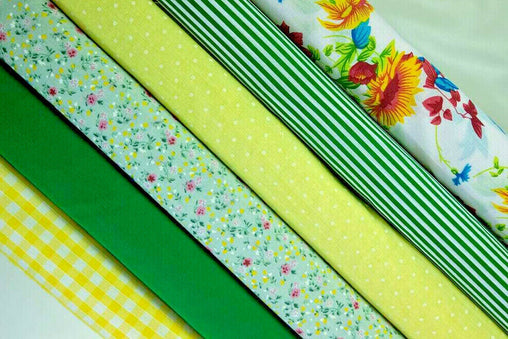 6 x Polycotton Fat Quarter Fabric Bundle | Yellow Green Gingham Floral Spotty Stripes Plain