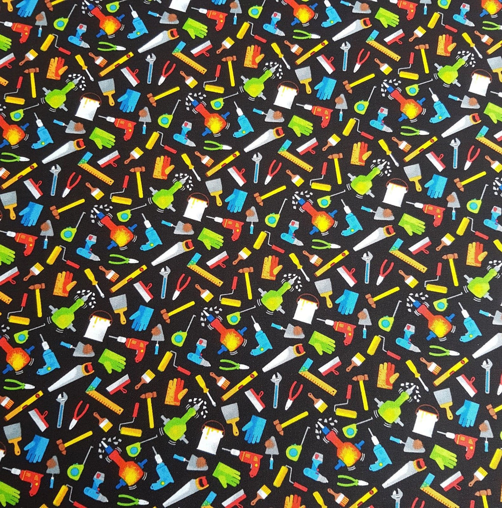 Mens Handyman Tools on Black Novelty Cotton Fabric - Vera Fabrics