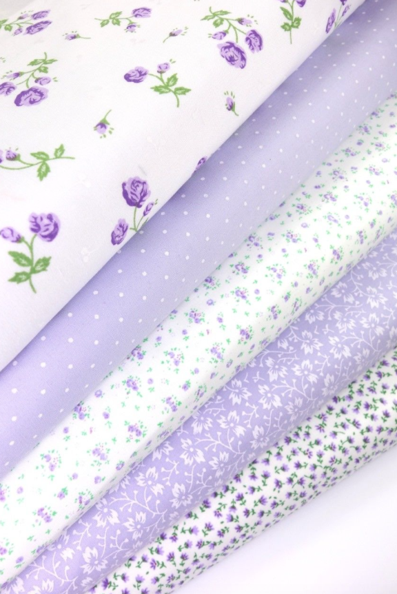 5 x Polycotton Fat Quarter Fabric Bundle | Lilac Floral Vintage Gingham & Spotty