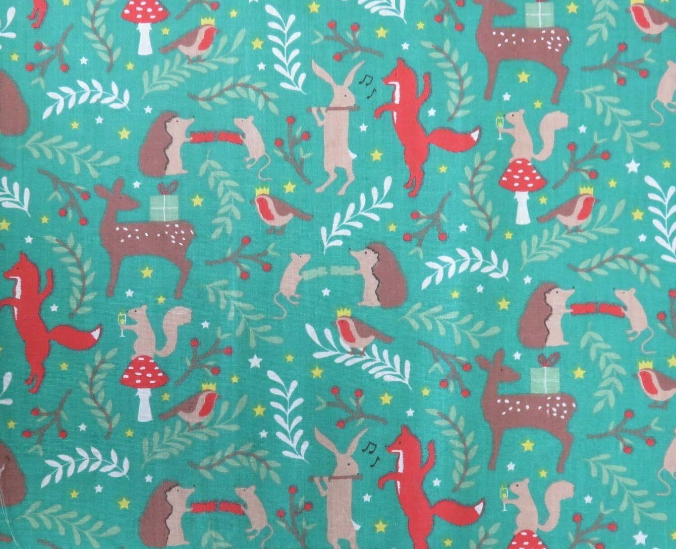 Sally Forest Party Green Navy Red Designs Christmas Fabric Polycotton : Half Meter
