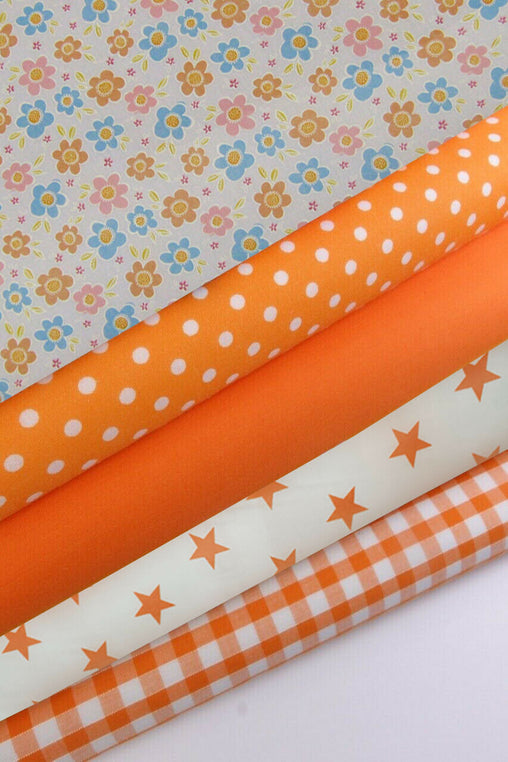 5 x Polycotton Fat Quarter Fabric Bundle | Orange White Stars Floral Gingham Spotty Plain