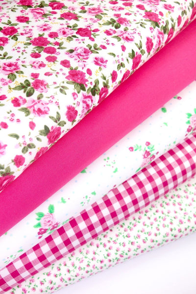 5 x Polycotton Fat Quarter Fabric Bundle | Cerise Floral Vintage Gingham & Spotty