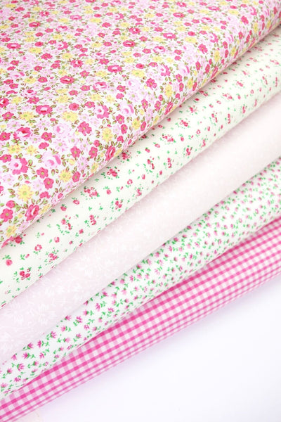 5 x Polycotton Fat Quarter Fabric Bundle | Rosy Pink Floral Vintage Gingham & Spotty