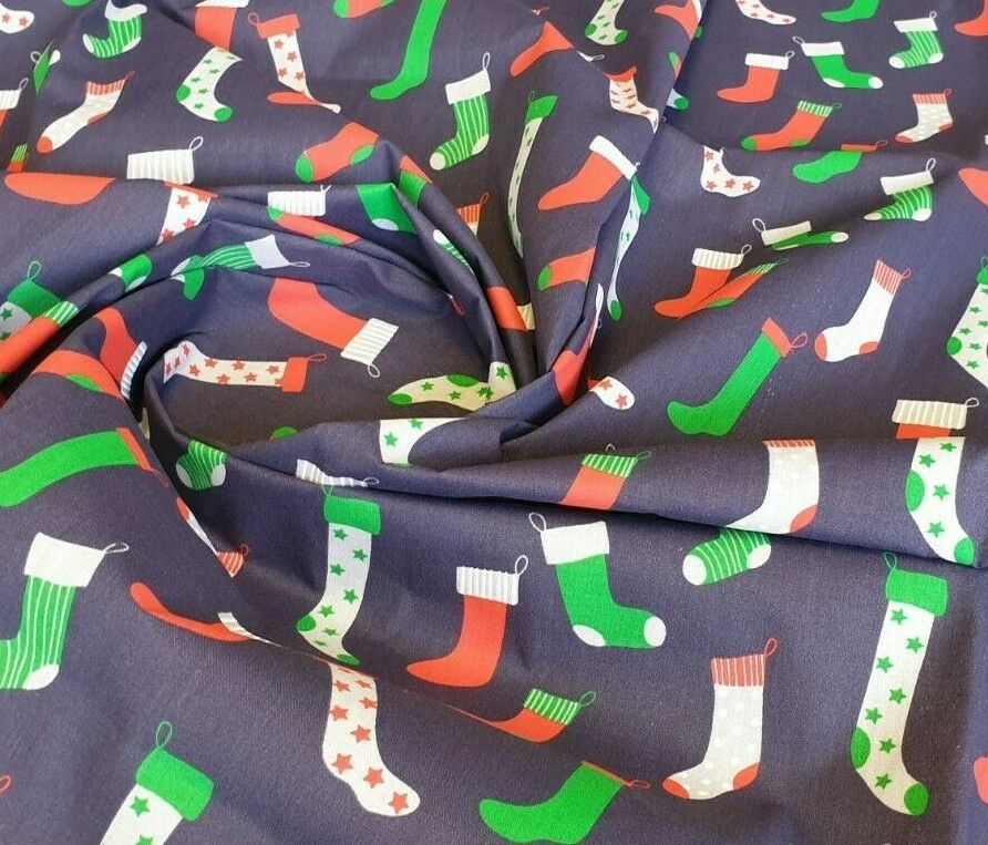 Navy Christmas Stockings : Christmas Designs Fabric Polycotton : Half Meter