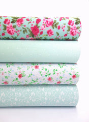 4 x Polycotton Fat Quarter Fabric Bundle | Mint Floral Vintage Gingham & Spotty