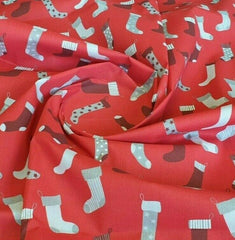 Red Christmas Stockings : Christmas Designs Fabric Polycotton : Half Meter