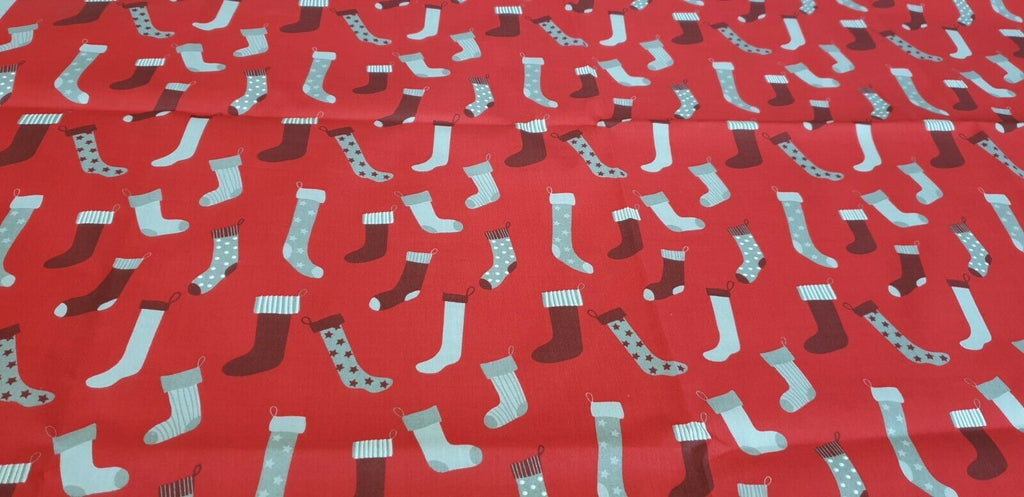 Red Christmas Stockings : Christmas Designs Fabric Polycotton : Half Meter