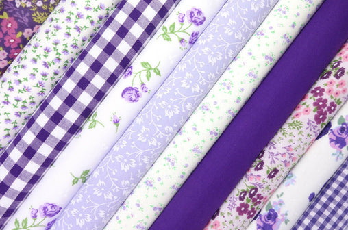 10 x Polycotton Fat Quarter Fabric Bundle | Lilac & Purple Floral Vintage Gingham & Spotty