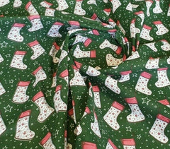 Green Christmas Star Stockings : Christmas Designs Fabric Polycotton : Half Meter