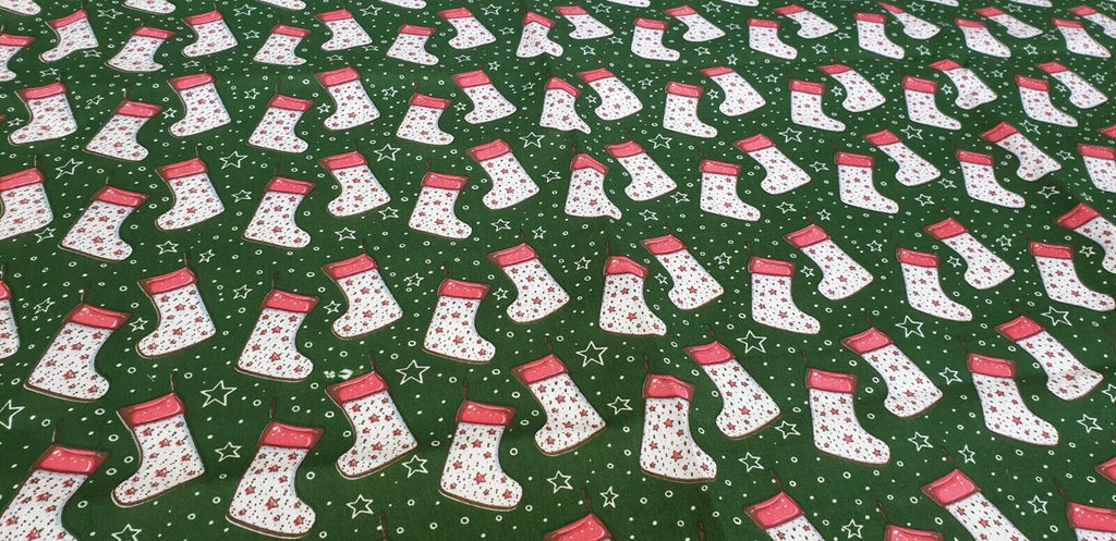 Green Christmas Star Stockings : Christmas Designs Fabric Polycotton : Half Meter