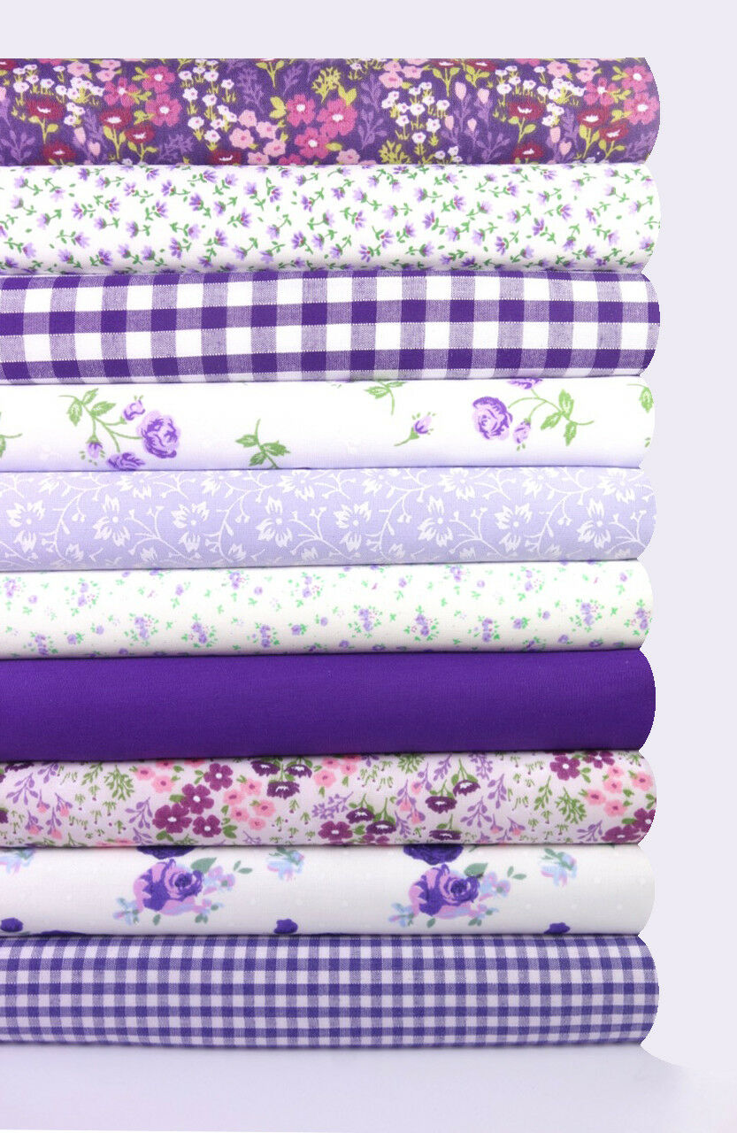 10 x Polycotton Fat Quarter Fabric Bundle | Lilac & Purple Floral Vintage Gingham & Spotty