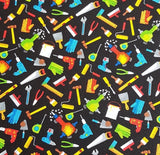 Mens Handyman Tools on Black Novelty Cotton Fabric