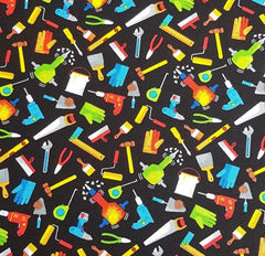 Mens Handyman Tools on Black Novelty Cotton Fabric - Vera Fabrics