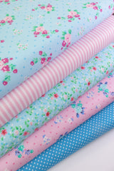 5 x Polycotton Fat Quarter Fabric Bundle | Pink & Blue Floral Vintage Gingham & Spotty