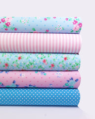 5 x Polycotton Fat Quarter Fabric Bundle | Pink & Blue Floral Vintage Gingham & Spotty