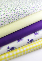 5 x Polycotton Fat Quarter Fabric Bundle | Yellow & Purple Floral Vintage Gingham & Spotty