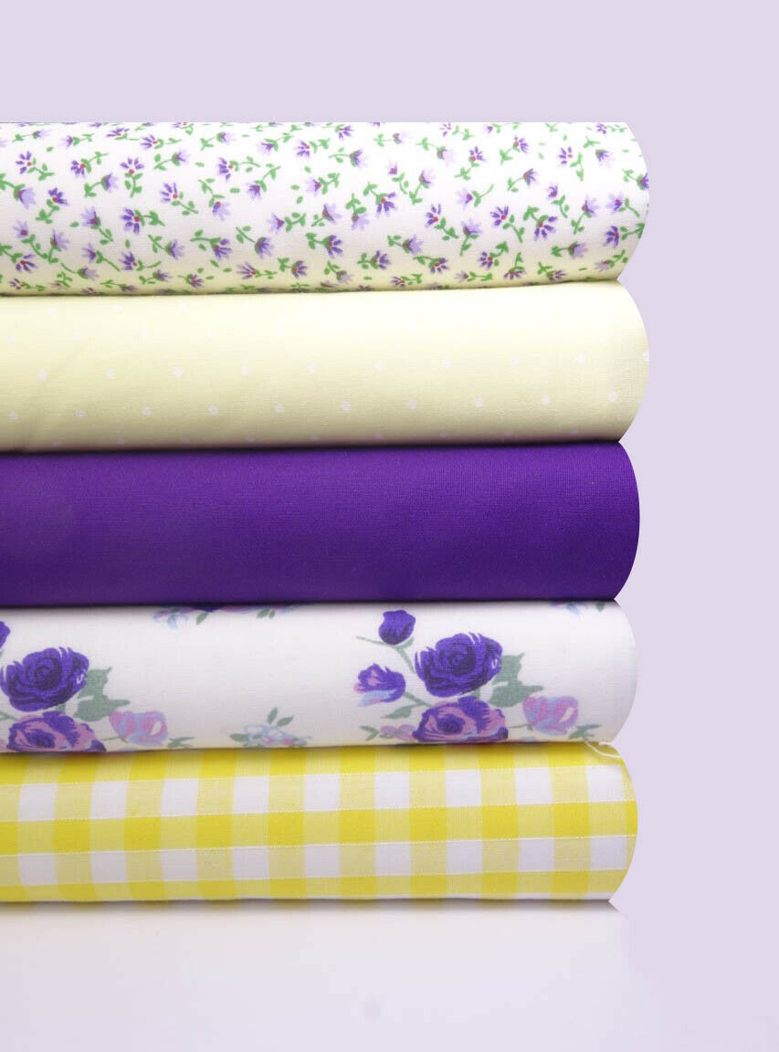 5 x Polycotton Fat Quarter Fabric Bundle | Yellow & Purple Floral Vintage Gingham & Spotty