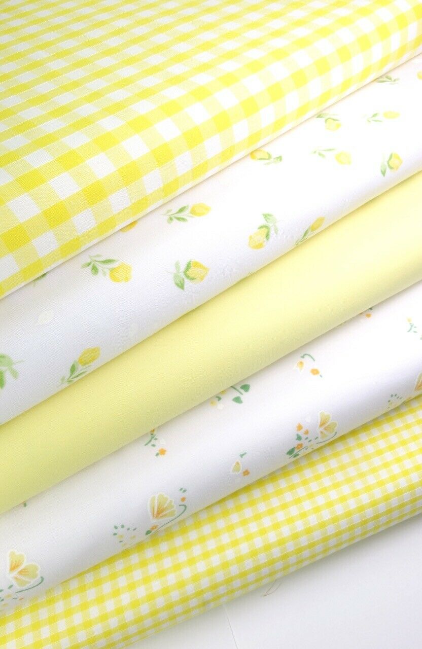 5 x Polycotton Fat Quarter Fabric Bundle | Yellow Floral Vintage Gingham & Spotty