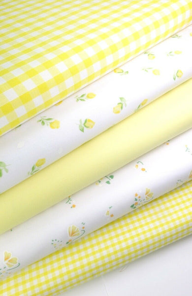 5 x Polycotton Fat Quarter Fabric Bundle | Yellow Floral Vintage Gingham & Spotty