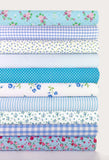 10 x Polycotton Fat Quarter Fabric Bundle | Blue Rosy Floral Vintage Gingham & Spotty