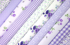 10 x Polycotton Fat Quarter Fabric Bundle | Lilac Rosy Floral Vintage Gingham & Spotty