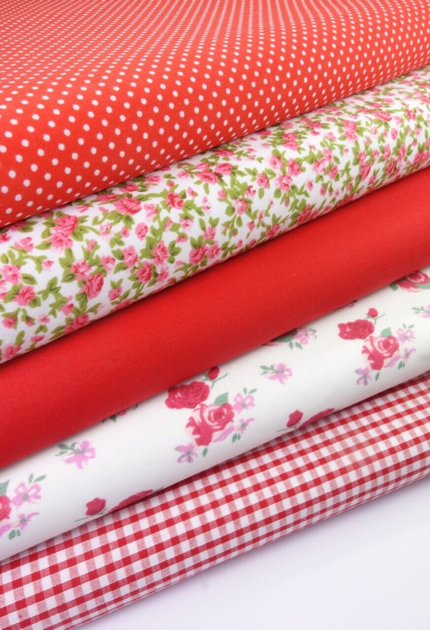 5 x Polycotton Fat Quarter Fabric Bundle | Red Rosy Floral Vintage Gingham & Spotty