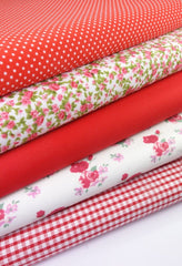 5 x Polycotton Fat Quarter Fabric Bundle | Red Rosy Floral Vintage Gingham & Spotty