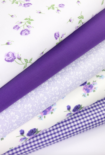 5 x Polycotton Fat Quarter Fabric Bundle | Purple Floral Vintage Gingham & Spotty