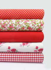 5 x Polycotton Fat Quarter Fabric Bundle | Red Rosy Floral Vintage Gingham & Spotty