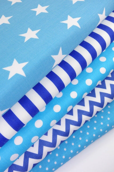 5 x Polycotton Fat Quarter Fabric Bundle | Blue Geometrics Kids Stars Stripes & Spotty