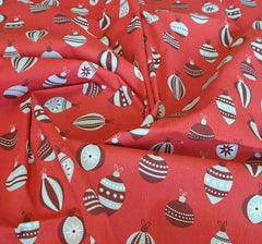 Christmas Baubles Red Stockings : Christmas Designs Fabric Polycotton : Half Meter