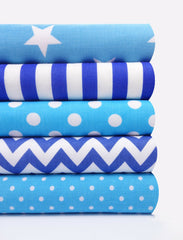 5 x Polycotton Fat Quarter Fabric Bundle | Blue Geometrics Kids Stars Stripes & Spotty