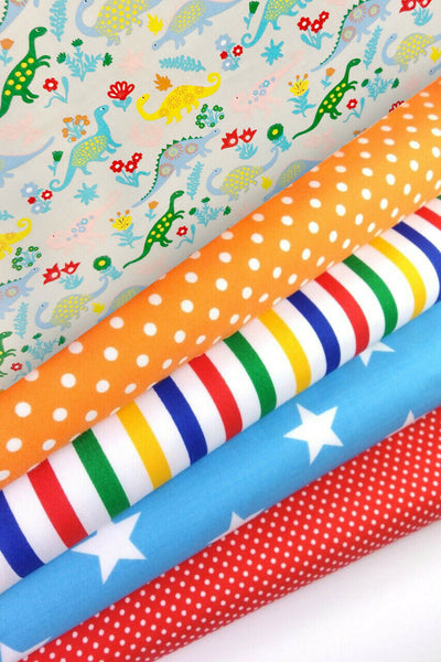 5 x Polycotton Fat Quarter Fabric Bundle | Dinos Multicolour Kids Stars Stripes & Spotty