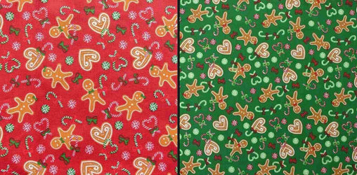 Gingerbread Red & Green Christmas Designs Fabric Polycotton : Half Meter