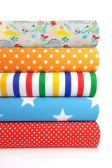 5 x Polycotton Fat Quarter Fabric Bundle | Dinos Multicolour Kids Stars Stripes & Spotty