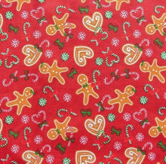 Gingerbread Red & Green Christmas Designs Fabric Polycotton : Half Meter